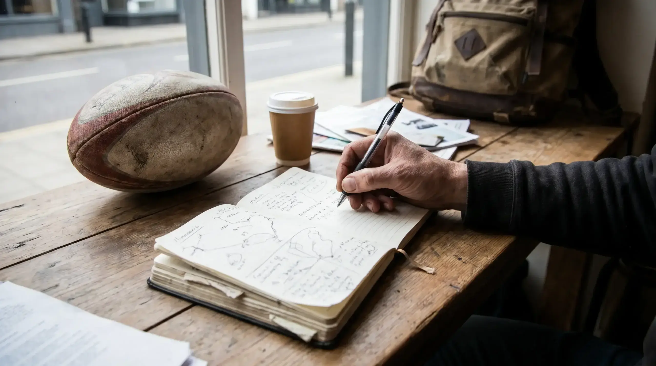 Analyst writing travel-related notes in a notebook with a rugby ball nearby