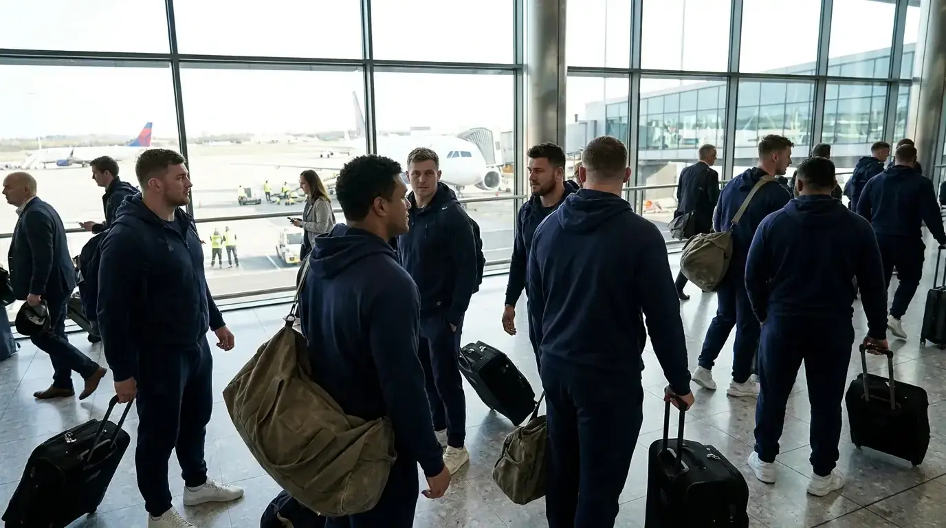 Rugby squad with kitbags walking through an airport before a long-haul tour