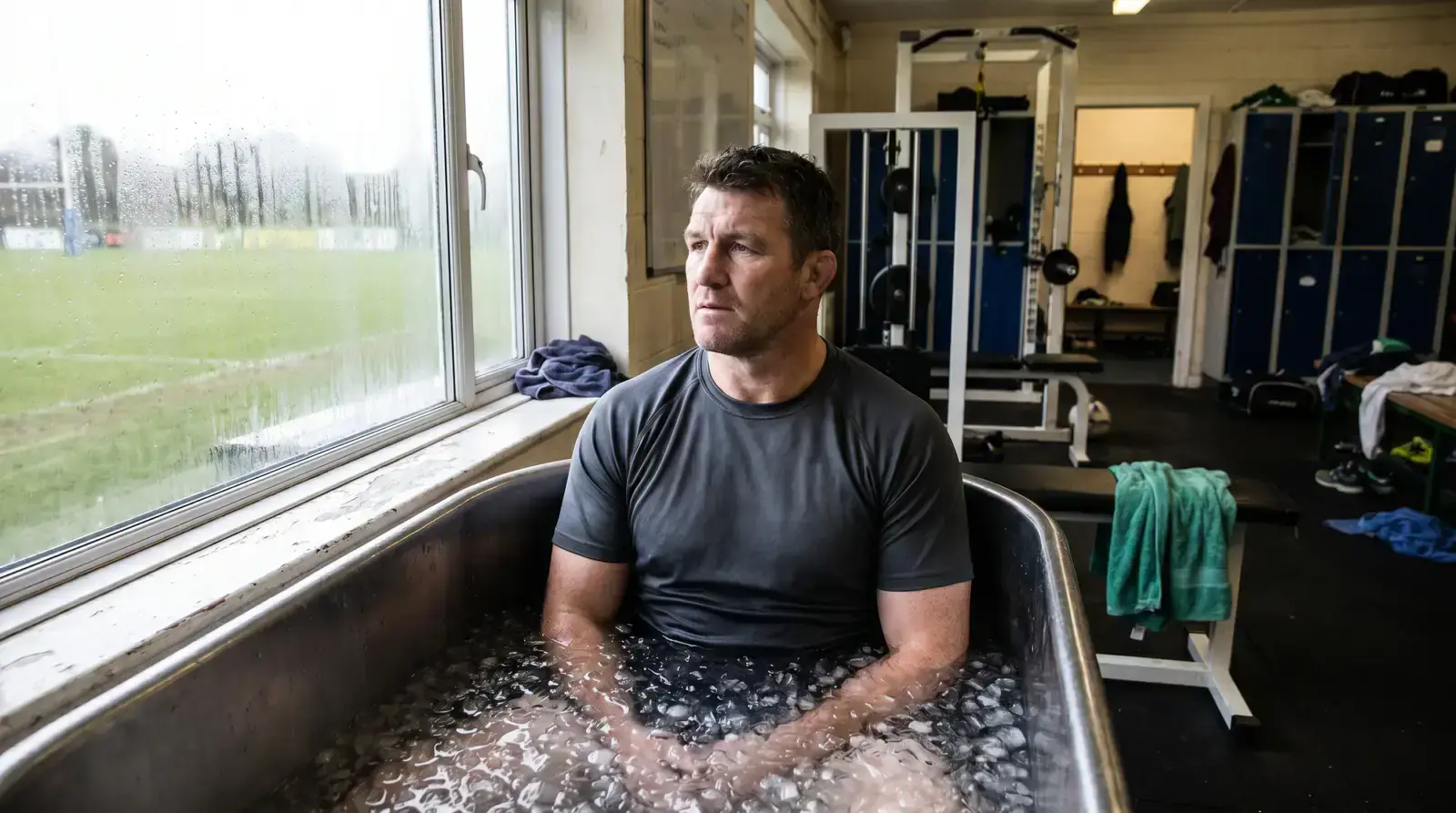 Rugby player in an ice bath as part of travel recovery
