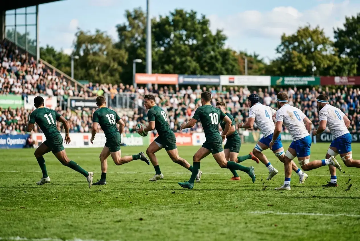 Rugby backline executing a sweeping attacking move