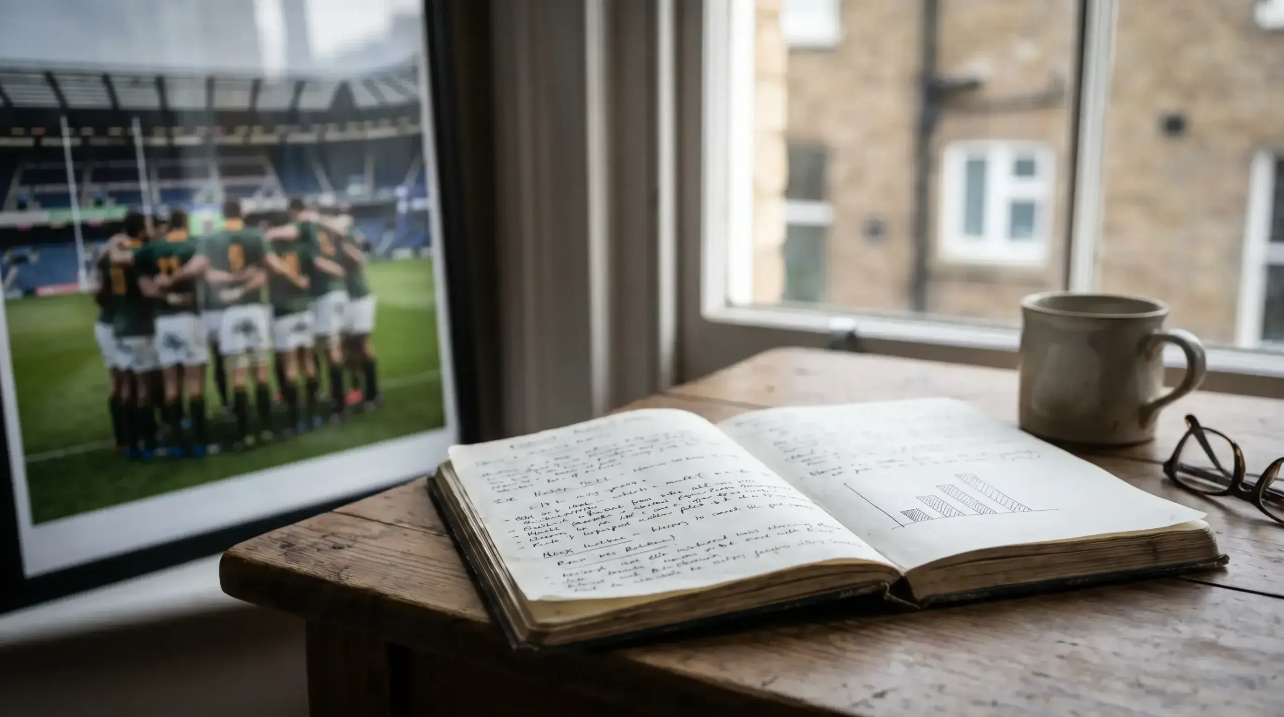 Bettor reviewing handwritten stake-sizing notes for try-scorer bets