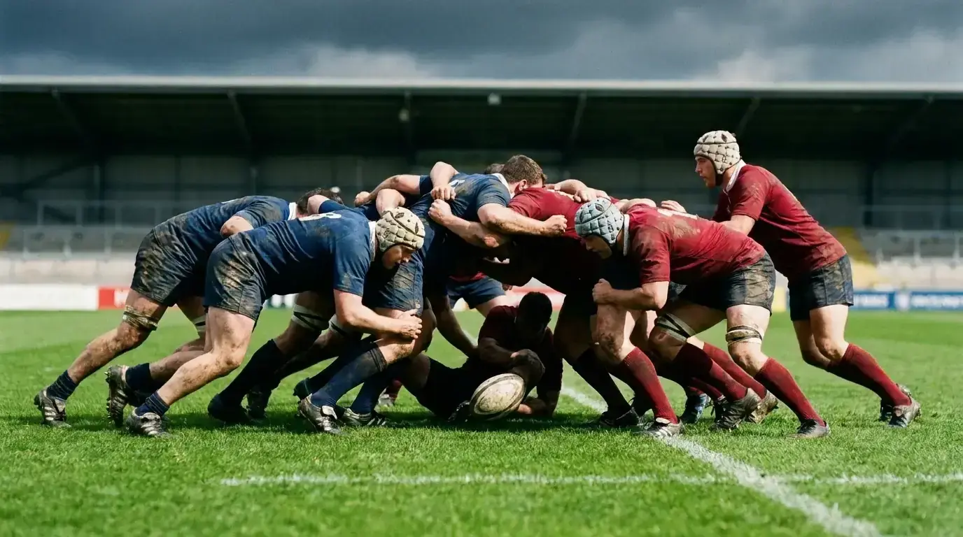 Rugby union match in progress with players contesting a ruck on a grass pitch