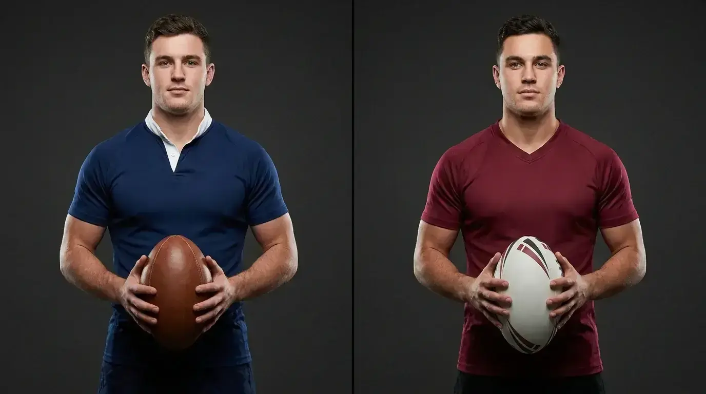 Side-by-side rugby union and rugby league players showing different jersey styles