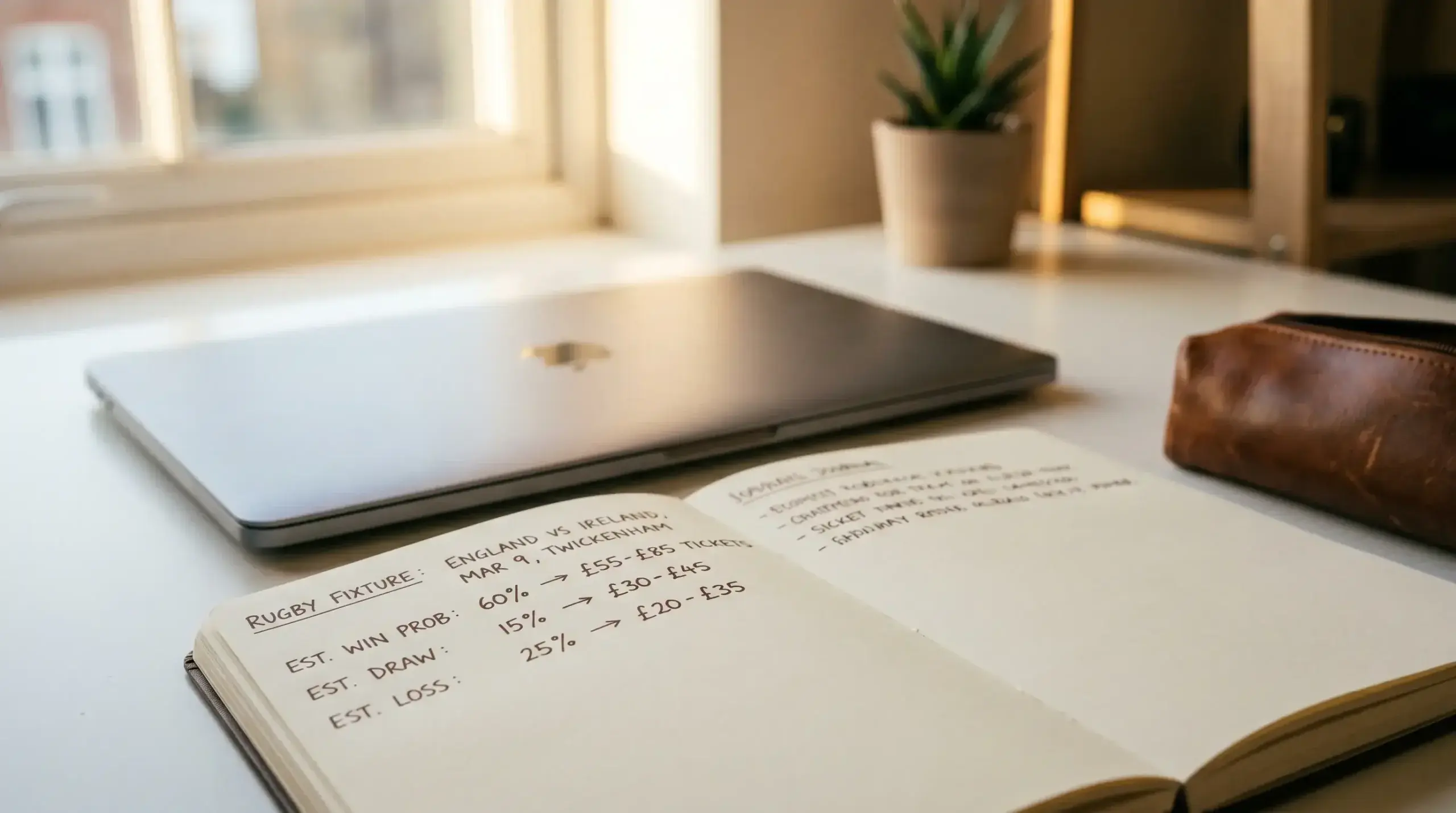 Analyst notebook open beside a laptop with expected-value calculations on a rugby fixture