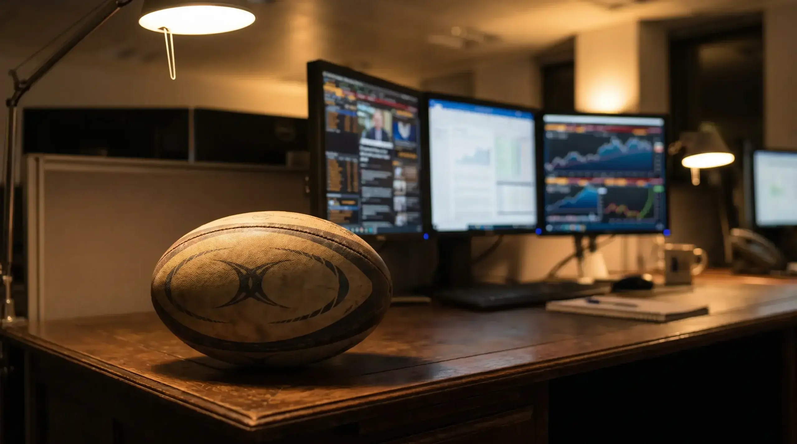 Rugby ball in the foreground with a softly blurred sports trading screen behind