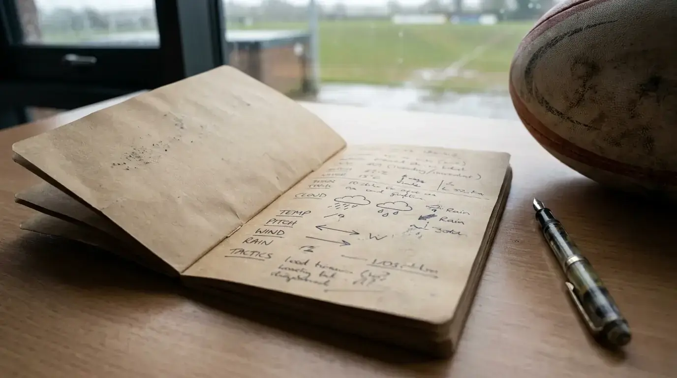 Analyst's notebook page mentioning weather variables for rugby