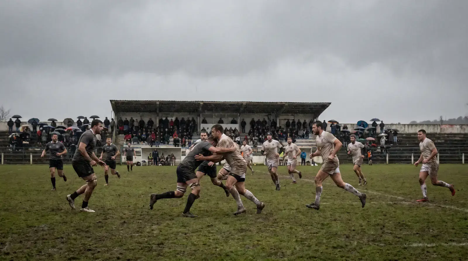 Overcast rugby afternoon at a European club ground