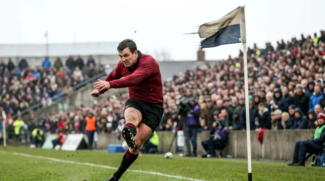 Rugby fly-half kicking into a strong sidewind
