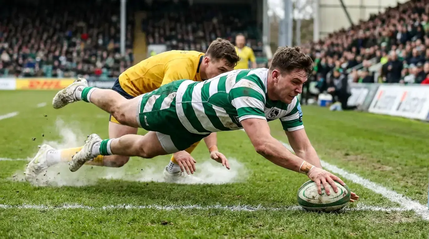 Rugby winger diving over in the corner to score the opening try of a match