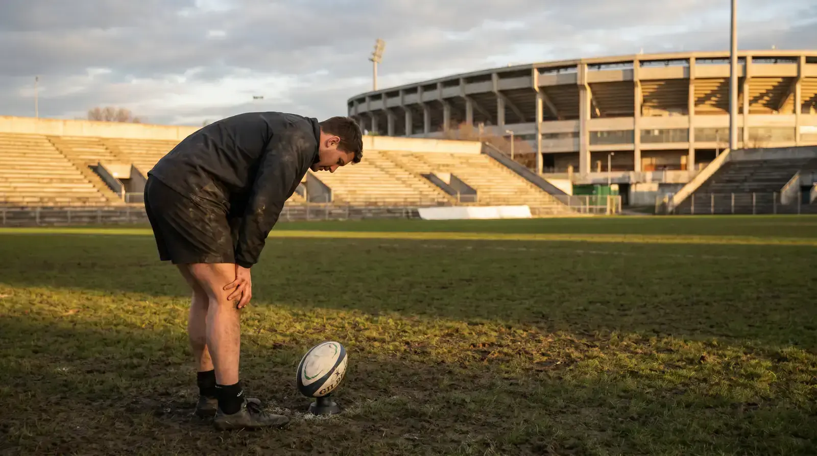 International rugby player kicking off in an empty training stadium