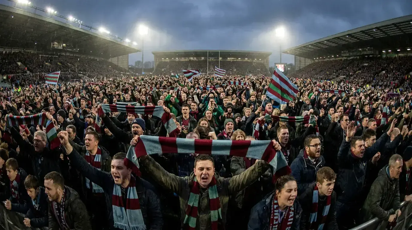 Host-nation rugby supporters in a stadium during a World Cup match
