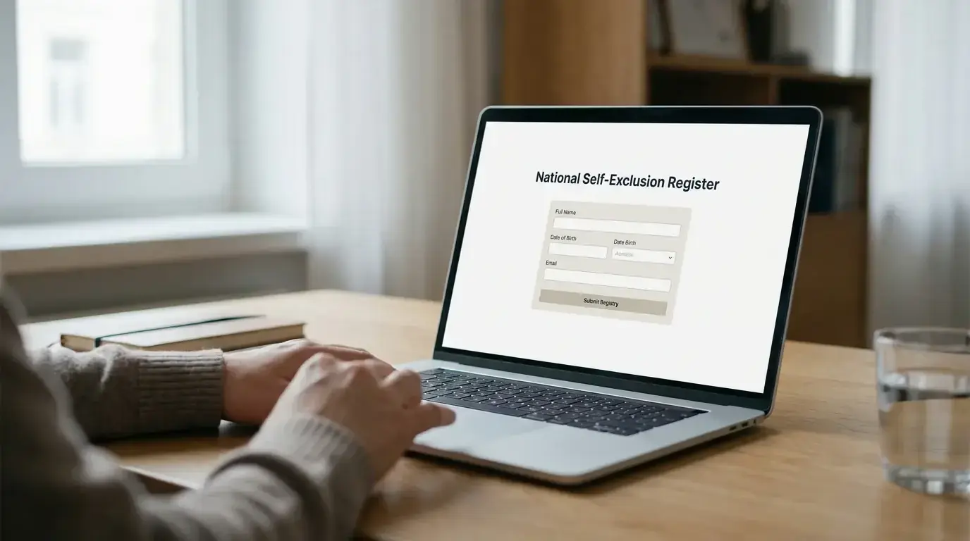 Laptop screen showing a national self-exclusion registration page for online wagering
