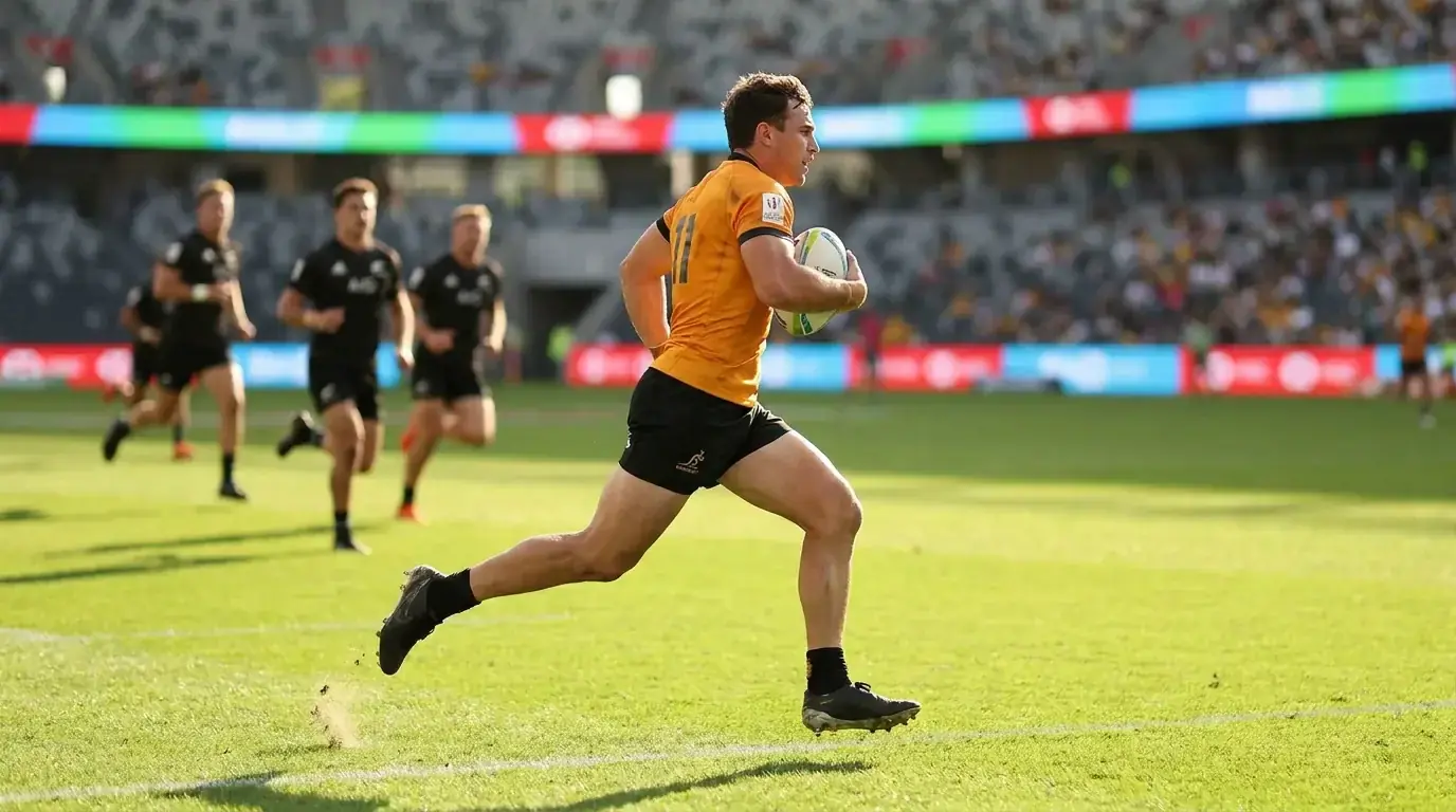 Sevens rugby winger sprinting into open space on a sunlit pitch
