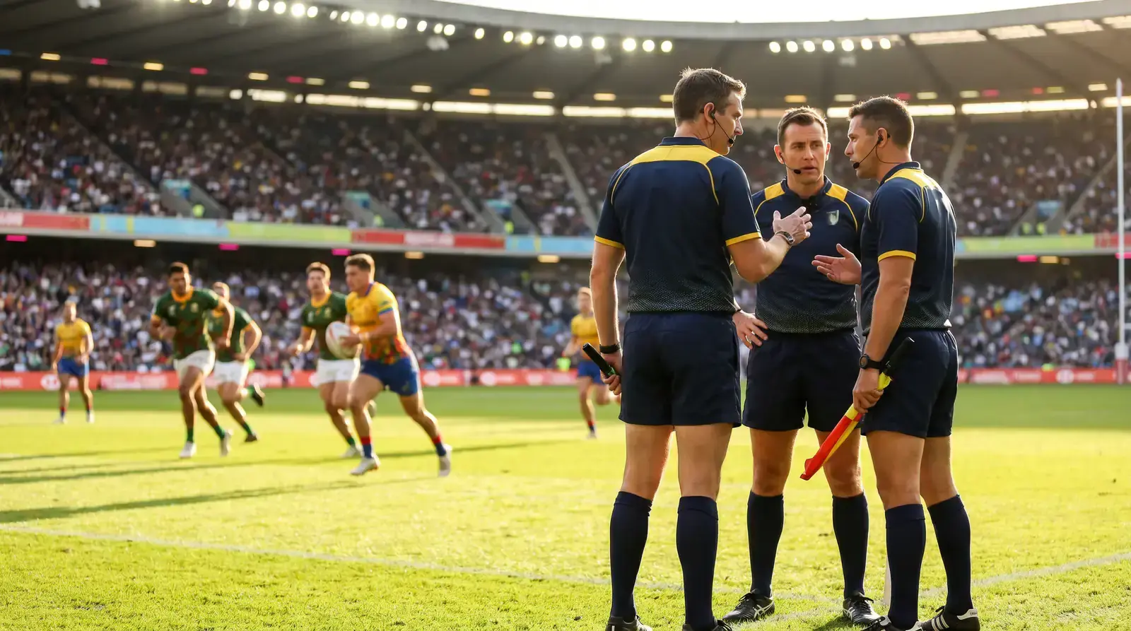 Sevens rugby officials in discussion on the touchline during play
