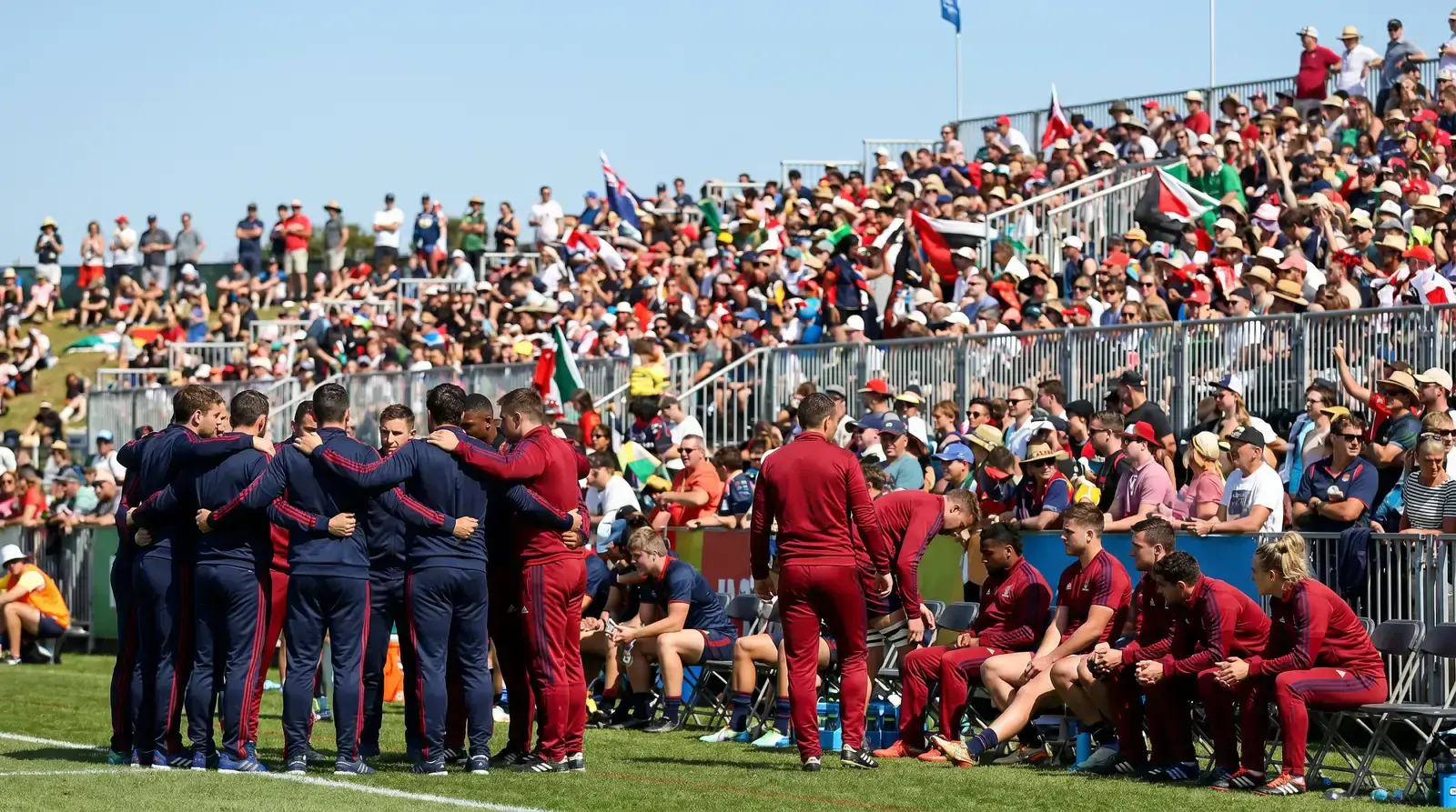 Sevens World Series tournament with multiple teams on the sideline
