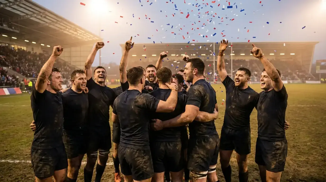Players celebrating after sealing a major Six Nations result