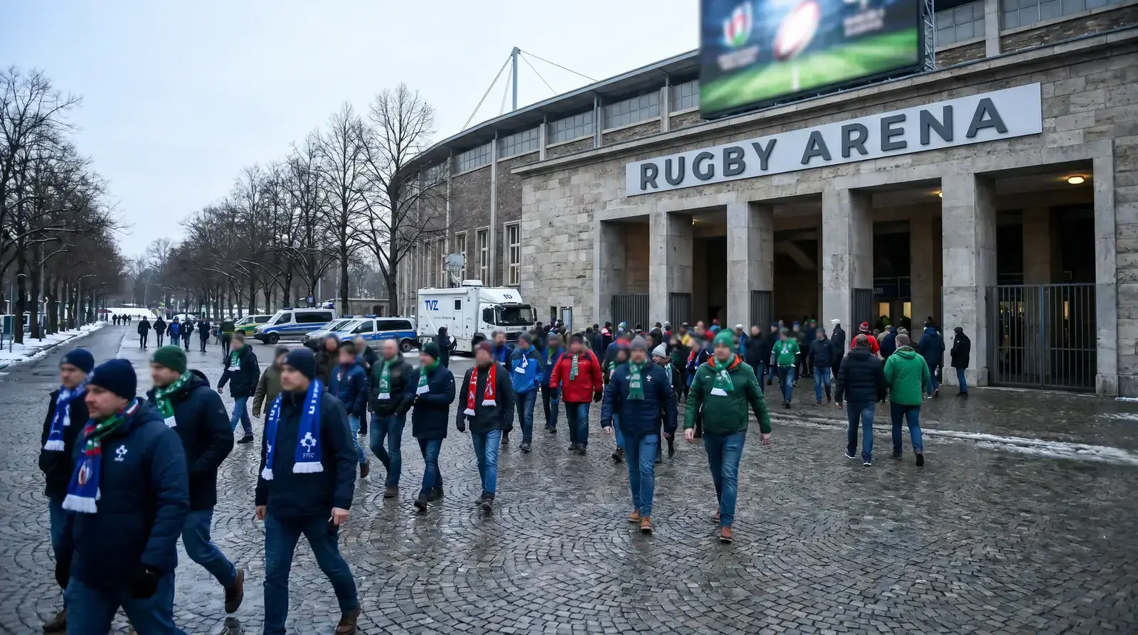 European rugby stadium exterior on a Six Nations match day