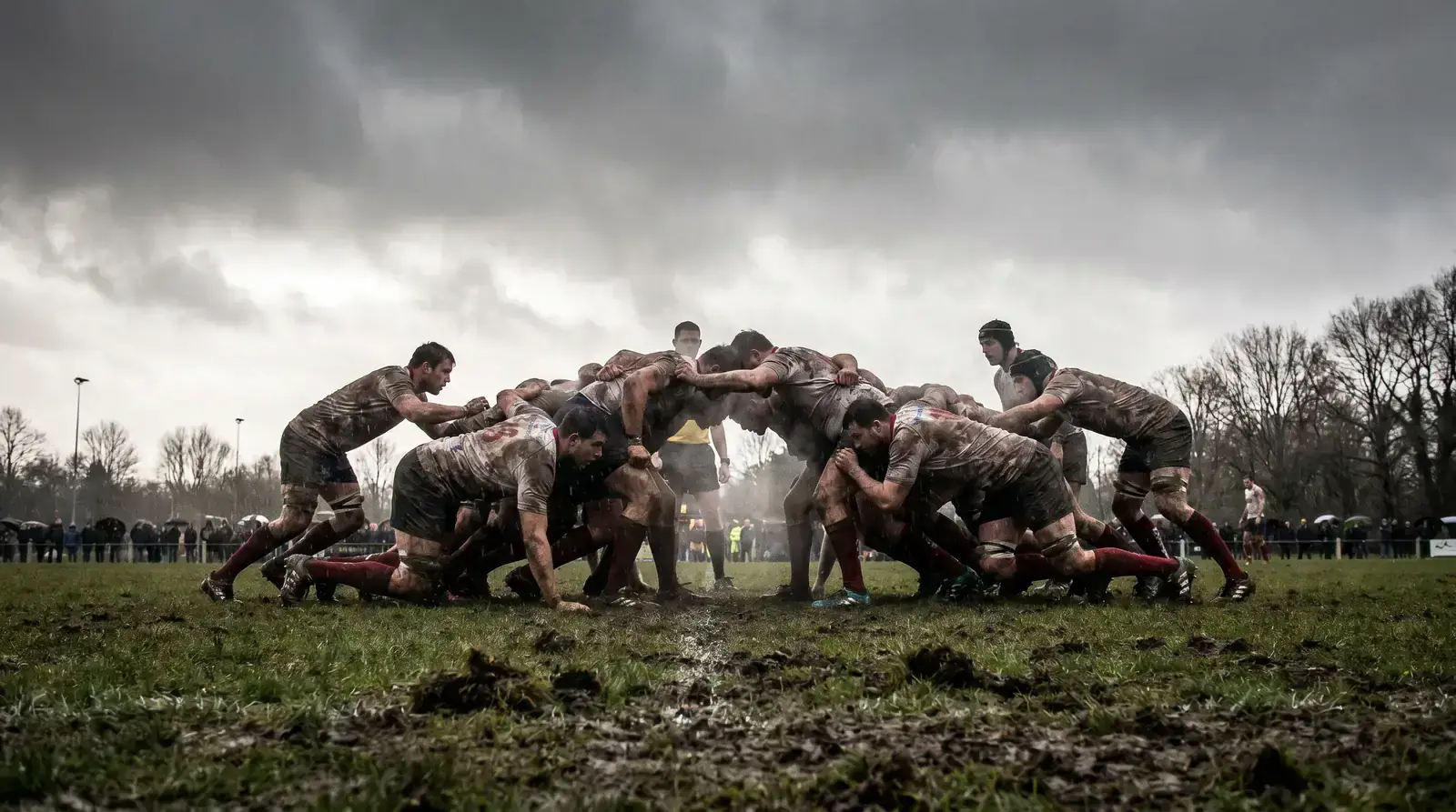 Rugby players in scrum during cold wet European winter conditions