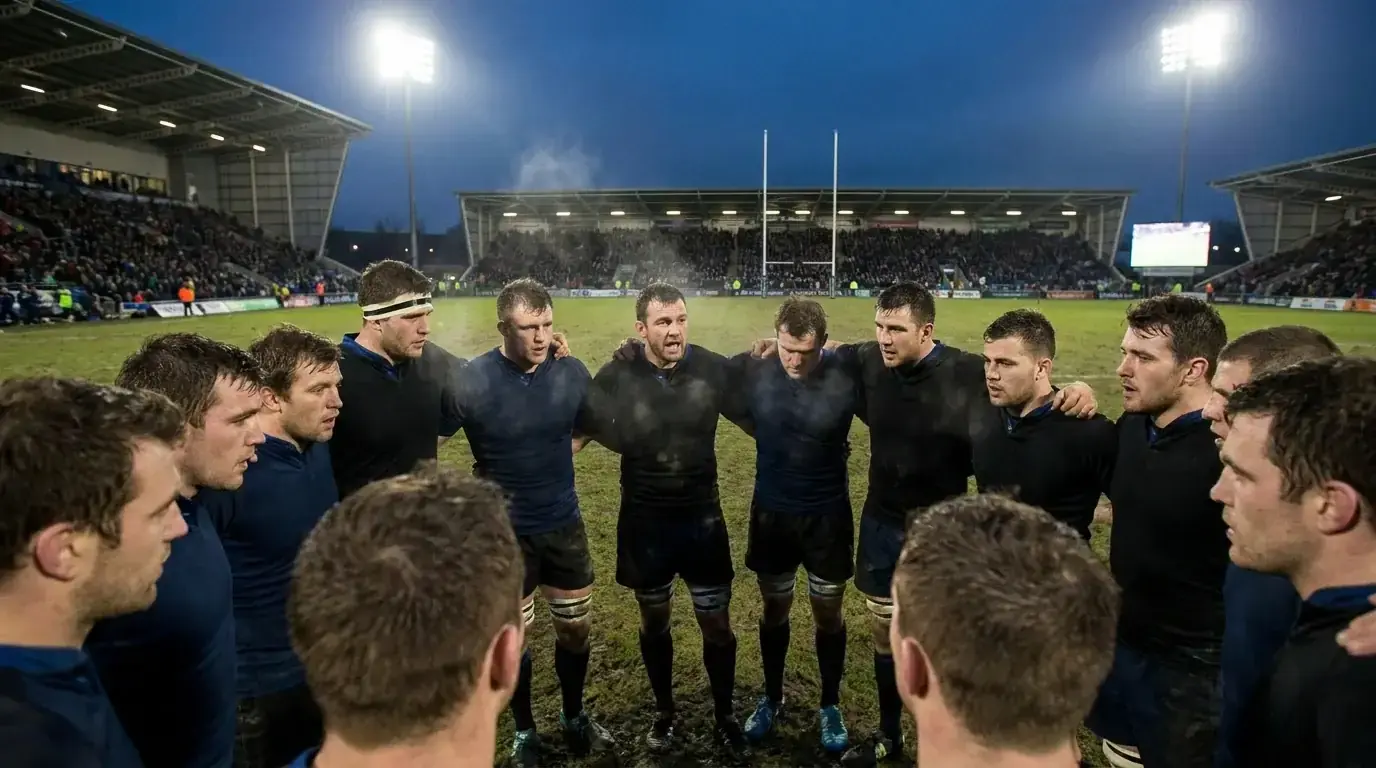 Rugby team huddle on the pitch before a Six Nations round