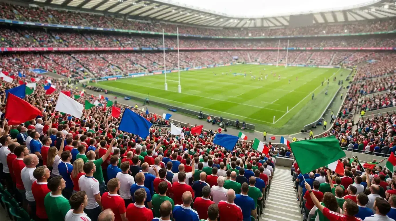 Packed Six Nations rugby stadium with flags waving in the stands