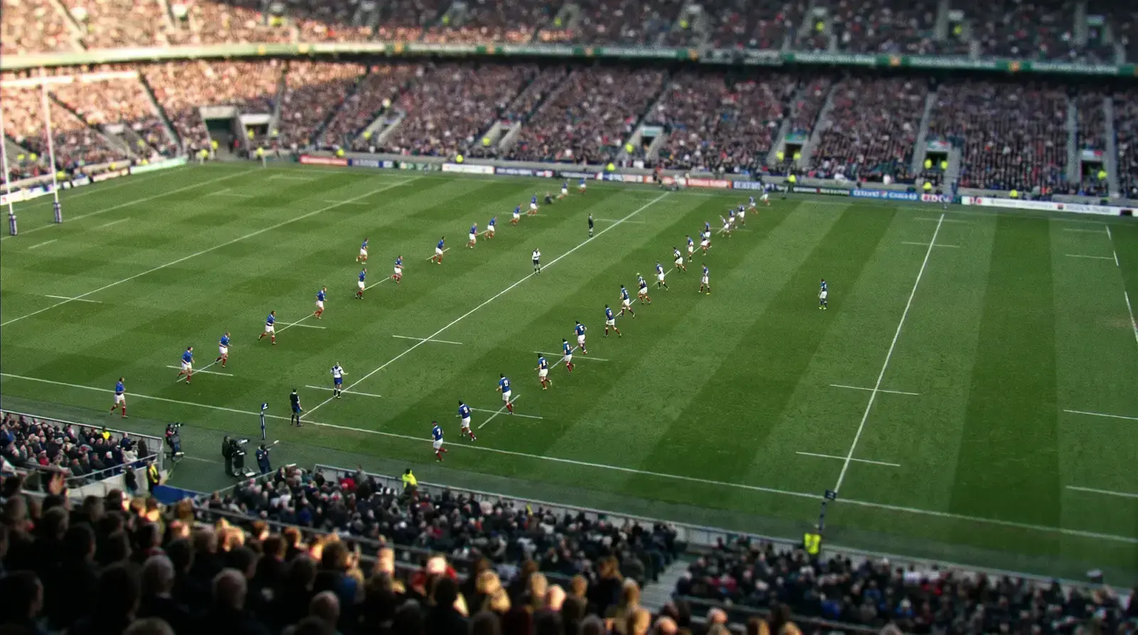 Rugby pitch overview during a Six Nations-style fixture