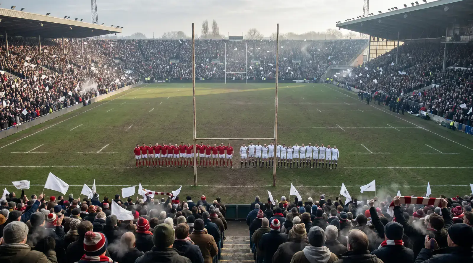 Six Nations match day at Twickenham with packed stands behind a rugby union fixture