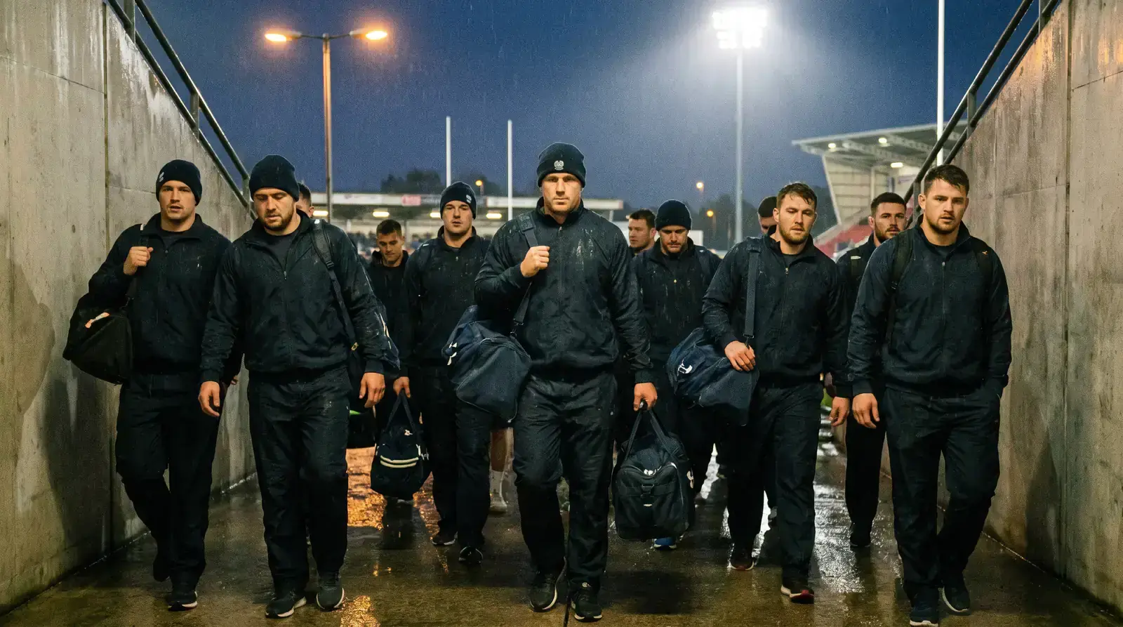 Rugby squad arriving at a stadium after long-haul travel