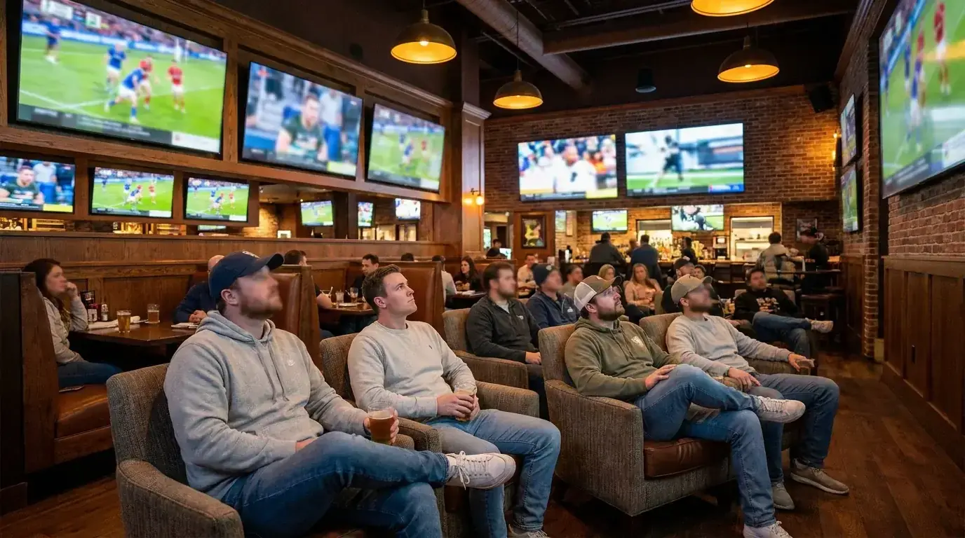 American sportsbook lounge with multiple screens during a rugby match