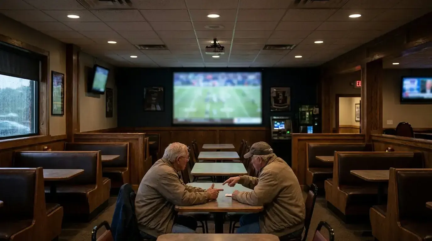 Quiet American sportsbook section with few patrons during rugby