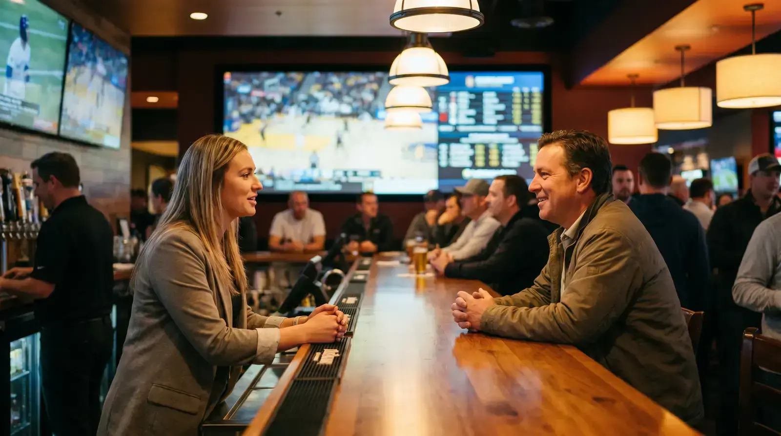 American sportsbook counter with staff serving customers
