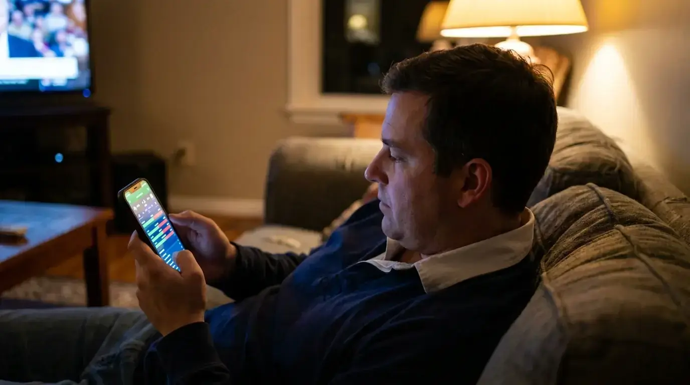 American rugby fan on a couch holding a smartphone showing a generic app