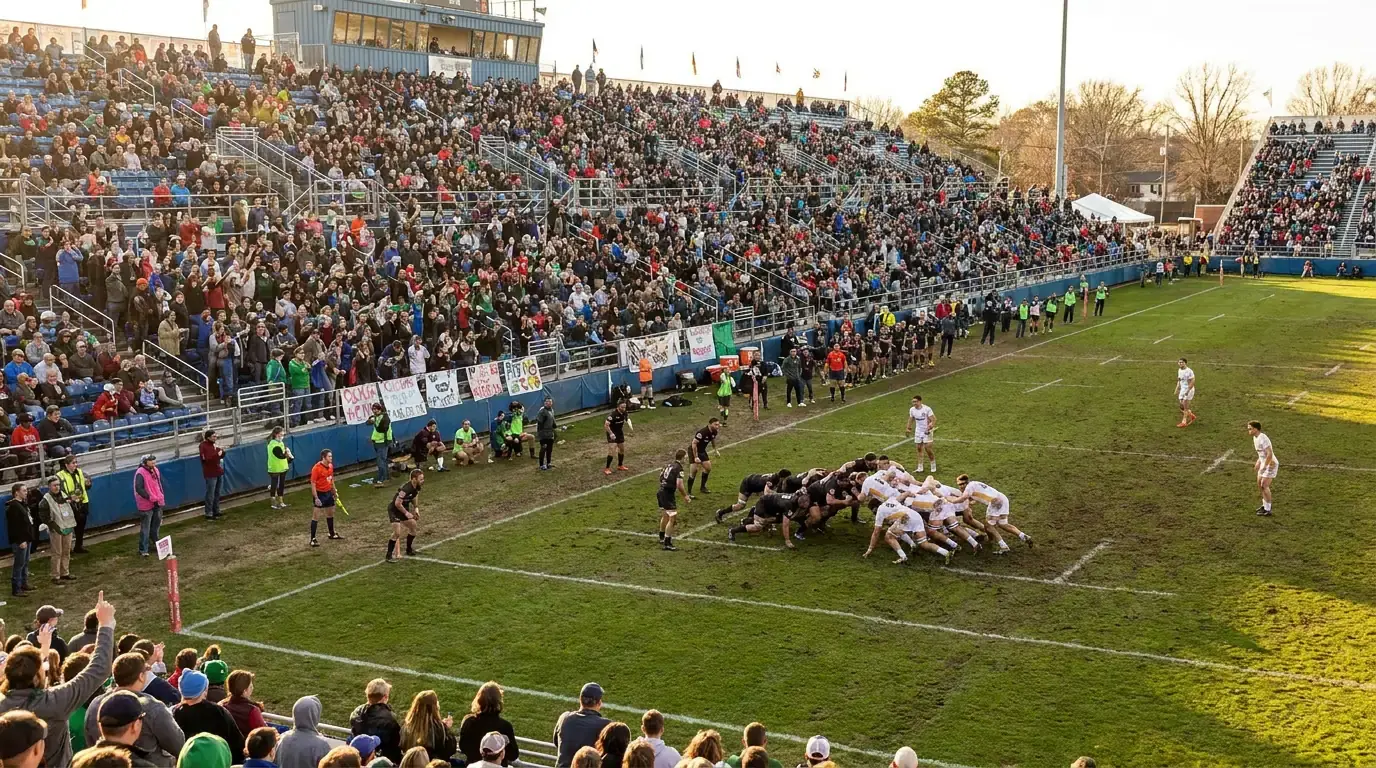 MLR-style rugby match scene with a growing local crowd