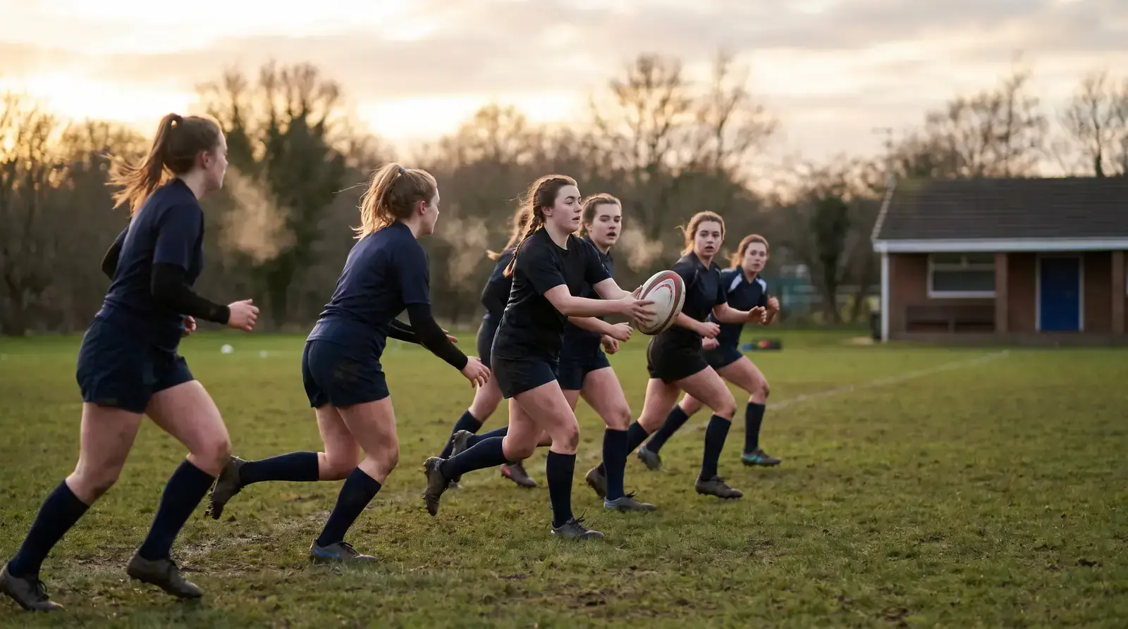 Young women's rugby players training on a club pitch