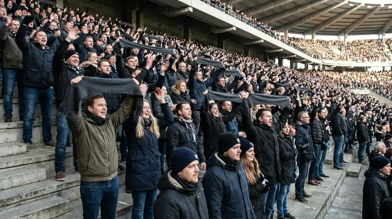 Women's rugby fans cheering from packed stadium seats
