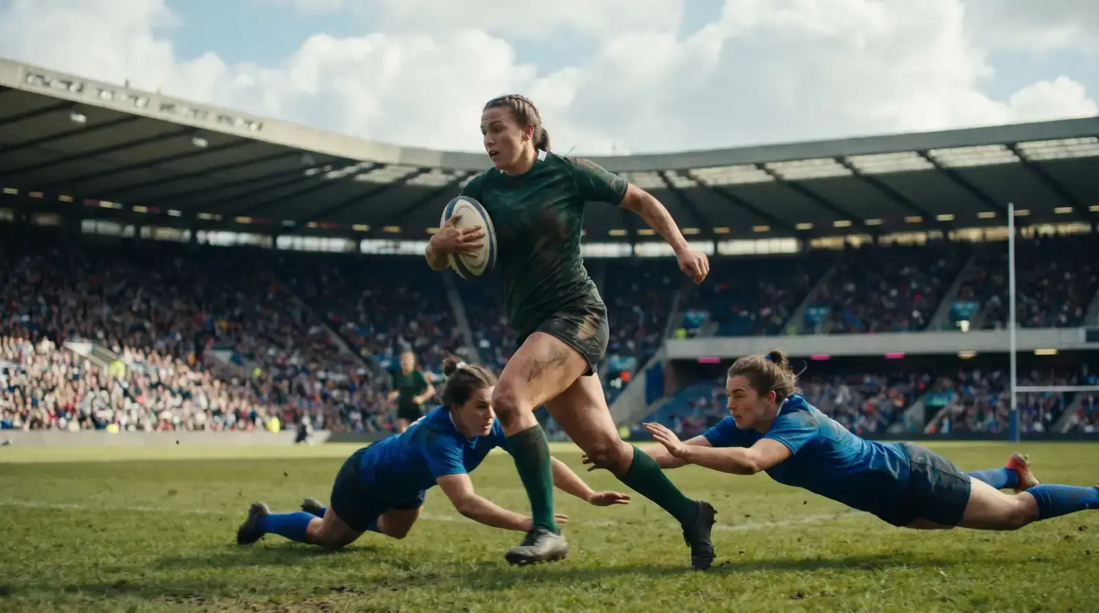 Women's rugby player from an emerging nation breaking through defence