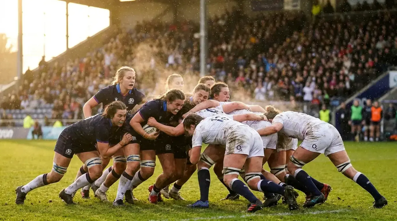 Women's rugby maul in motion during an international match