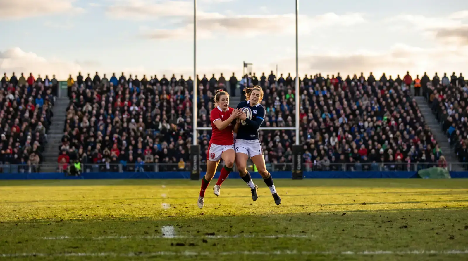 Women's Rugby World Cup final at Twickenham with both teams contesting a high ball